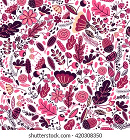 Seamless vector pattern with cartoon flowers, branches and leaves.