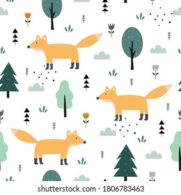 Seamless vector pattern Cartoon fox with a tree on white background Hand drawn design in childrens style Suitable for textile design, wallpaper