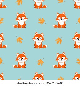 Seamless vector pattern with cartoon foxes and autumn leaves.