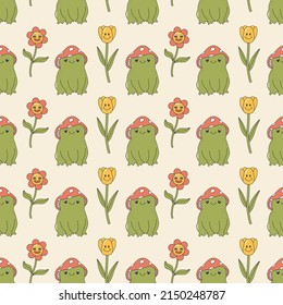 Seamless vector pattern with cartoon frog character and flowers with face expression. Cute toad in retro style. Vintage groovy background for design and print