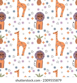 Seamless vector pattern with cartoon giraffe, lion, stars on a white background. Children's theme.