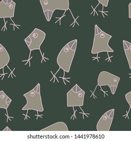 Seamless vector pattern with cartoon grey birds on green background. Hand drown funny bird wallpaper design.