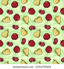 Seamless vector pattern with cartoon hand drawn fruits and berries. Vector illustration. Suitable for wallpaper, print, t-shirt, banner, pattern.