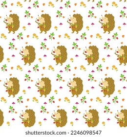 Seamless vector pattern with cartoon hedgehog with a basket of mushrooms and berries, hearts on a white background. Childish pattern for hoop, surface, packaging, postcard.