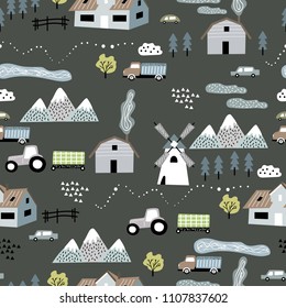 Seamless vector pattern with cartoon houses, cars, mountains, mill and other elements. Landscape pattern. Design for textiles, textures, children's wallpaper, fabric, clothes.