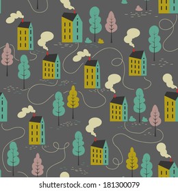 Seamless vector pattern of cartoon houses. Kid's elements for scrap-booking. Childish background. Hand drawn vector illustration. 