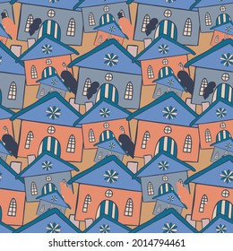 Patrón vectorial de las casas de dibujos animados en la ciudad en tonos azules, grises y naranjas. Perfecto para fondos, tarjetas, decoraciones, diseño web, diseño de superficie y textil, papel envolvente