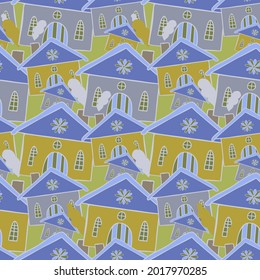 Patrón vectorial de las casas de dibujos animados en la ciudad en tonos azules, amarillos y grises. Perfecto para fondos, tarjetas, decoraciones, diseño web, diseño de superficie y textil, papel envolvente