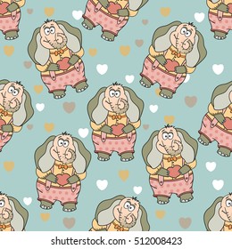 Seamless vector pattern. Cartoon Illustration of Funny Cute Elephant in Love