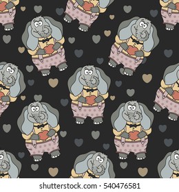 Seamless vector pattern. Cartoon Illustration of Funny Cute Elephant in Love