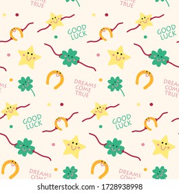 Seamless vector pattern with cartoon illustrations: clover, horseshoe, star, with the words "I wish you Good Luck" and "Dreams Come True" in a flat style. Suitable for scrapbooking.