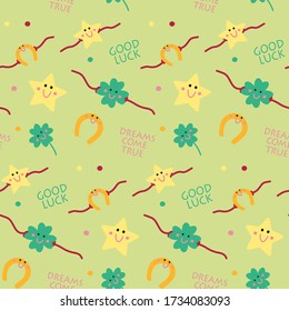 Seamless vector pattern with cartoon illustrations: clover, horseshoe, star, with the words "I wish you Good Luck" and "Dreams Come True" in a flat style. Suitable for scrapbooking.