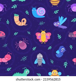 Seamless vector pattern. Cartoon insects. Design template for kids education, entertainment, books, background