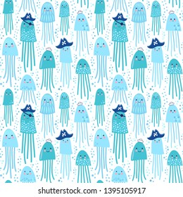 Seamless vector pattern with cartoon jellyfishes.