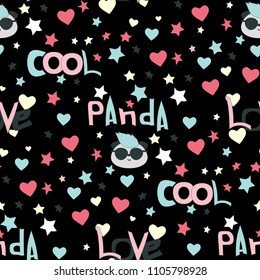Seamless vector pattern with cartoon kawaii panda bears, text and stars on black background, perfect for wrapping paper, greeting cards, banners, backgrounds, etc.