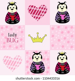 Seamless vector pattern with cartoon ladybirds (ladybug). Cute print. Cover templates for notepad. Vector textile fabric print.