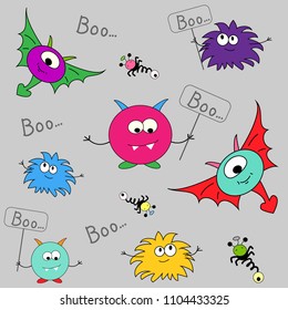 Seamless vector pattern with cartoon monsters. Cartoon print. Print for textiles. T-shirt graphics for kids. Cover templates for notepad. Kids art, creativity class concept.