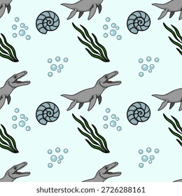 Seamless vector pattern of cartoon mosasaurs, ammonites, seaweed, and bubbles on a light blue background