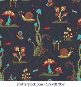 Seamless vector pattern with cartoon mushrooms and snails on dark blue background. Fantasy forest wallpaper design with crazy wildlife. Magic fashion textile.