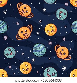 Seamless vector pattern with cartoon planets of the solar system. Vector illustration. Suitable for wallpaper, print, t-shirt, banner, pattern.