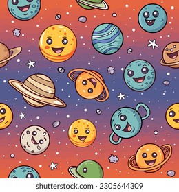 Seamless vector pattern with cartoon planets of the solar system. Vector illustration. Suitable for wallpaper, print, t-shirt, banner, pattern.