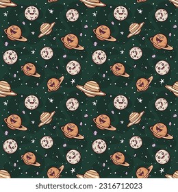 Seamless vector pattern with cartoon planets of the solar system. Vector illustration. Suitable for wallpaper, print, t-shirt, banner, pattern.