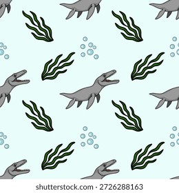 Nahtloses Vektormuster eines Cartoon-Plesiosauriers, der mit Algen und Blasen auf hellblauem Hintergrund schwimmt