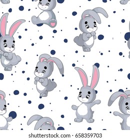 Seamless vector pattern with cartoon rabbits, funny bunnies with spots