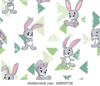 Seamless vector pattern with cartoon rabbits, funny bunnies with grunge elements, triangles