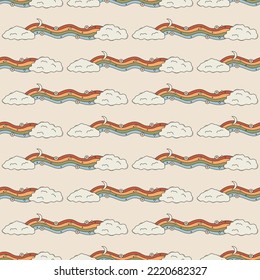 Seamless vector pattern with cartoon rainbow, clouds, stars, flowers and moon. 60s and 70s waves background in groovy style. Colorful hippie sky texture. Hand drawn vintage wallpaper, textile, paper