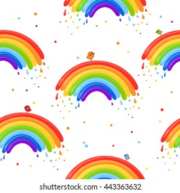 Seamless vector pattern with cartoon rainbows, birds, spots and drops. Bright summer illustration. Cute child background 
