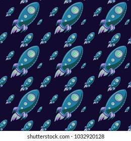 Seamless vector pattern with cartoon rocket on the dark blue background.