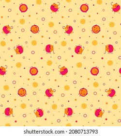 Seamless vector pattern with cartoon round elephants on a yellow background