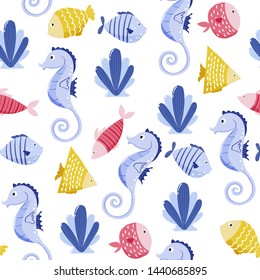 Seamless vector pattern with cartoon sea animals (sea horse, fishes, shell). Illustration for textile design, cards, prints. 