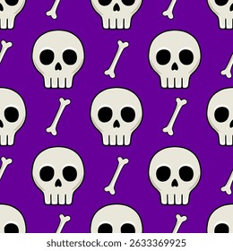 Seamless vector pattern of cartoon skulls and crossbones on a vibrant purple background, ideal for Halloween designs and spooky themed projects.