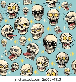 Seamless Vector Pattern of Cartoon Skulls with Funny and Scary Expressions on Light Blue Background, Repeat Design for Kids Horror Style with Emotions, Cracks, and Accessories Like Sunglasses.