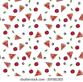 seamless vector pattern with cartoon slices of pizza, slices of sausage, green leaves and mushrooms