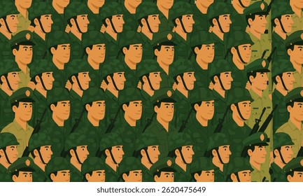 Seamless vector pattern of cartoon soldiers in green military uniforms and helmets, perfect for army-themed design, backgrounds, posters, and educational materials.