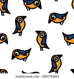 Seamless vector pattern with cartoon sparrows on white background. Simple bird wallpaper design. Fun titmouse fashion textile.
