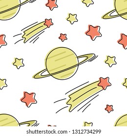 Seamless vector pattern with cartoon stars and planet on white background, print for your clothes