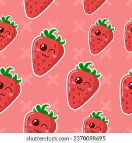 Seamless vector pattern with cartoon strawberries on background.