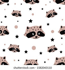 Seamless vector pattern in cartoon style with raccoons head, stars and circles.