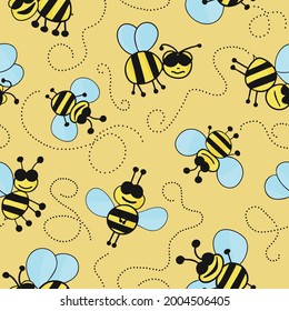 Seamless vector pattern with cartoon style joyful flying bees on yellow background. Great for nursery, kids apparel and for natural organic designs. Fun and adorable doodle illustration of buzz bug.