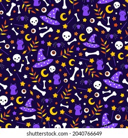Seamless vector pattern in cartoon style with hand-drawn Halloween elements. Cat, witch hat, magic wand, moon, skull, eye and bones in a funny childish print on a dark blue background for textiles