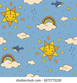 Seamless vector pattern with cartoon sun and clouds on blue background. Simple happy weather wallpaper design for children. Baby shower fashion textile with rainbows.