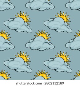 Seamless vector pattern with cartoon sun hiding behind fluffy blue rain clouds