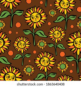 Seamless vector pattern with cartoon sunflowers on brown background. Smiley face flower wallpaper design. Retro floral fashion textile.
