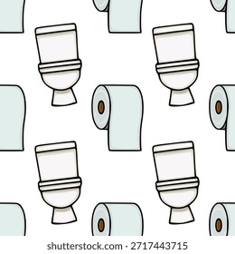 Seamless vector pattern of cartoon toilet paper rolls and toilet bowls, with a clean and minimalist aesthetic.