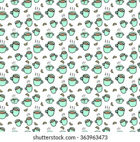 seamless vector pattern with cartoon turquoise tea cups and sliced lemon