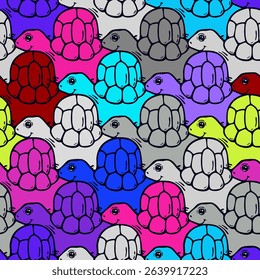 Seamless vector pattern of cartoon turtles in bright neon and cyberpunk tones